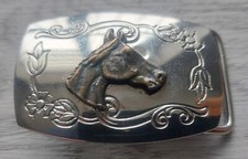 Horse Head Floral Engraved Metal Belt Buckle Country Chic, size 5 x 3.5 cm, USA