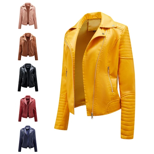 Damen Lederjacke Revers Bikerjacke Kunstleder Übergangsjacke Jacken - Bild 3 von 23