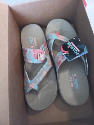 Skechers Foamies Reggae Size 10 Rainforest Womens Floral Print Toe Loop Sandals