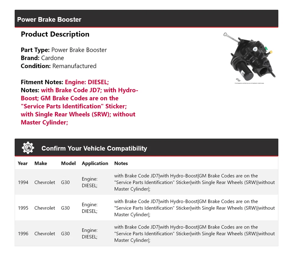 Para Chevrolet G30 1994-1996 Diesel Power Brake Booster Cardone 1995 Foto 2 de 4
