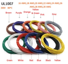 1/5Meter UL1007 Flexible Stranded PVC Electronic Wire 300V 80°C 16AWG to 30 AWG
