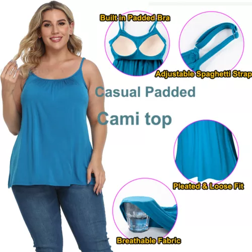 Women Flowy Pleated Camisole with Built-in Bra Loose Casual Sleeveless Tank Tops - Picture 9 of 48