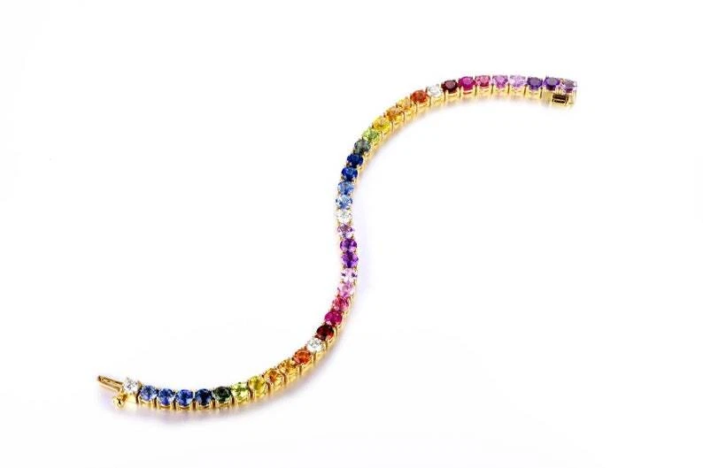 18K Gold Plated Handmade Tennis Bracelet Rainbow Stone Round Jewelry Gift Her - Image 4 of 4