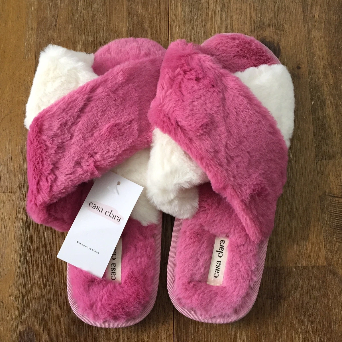 New Casa Clara fuzzy pink sandal slippers shoes M 38 39 Crisscross