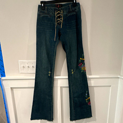 Bob Marley Catch a Fire Womens Size 4 Flare Lace-Up Embroidered Jeans Rare
