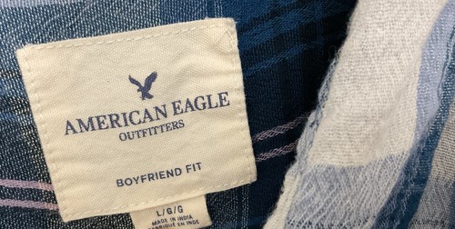American Eagle Plaid Flannel Shirt L Boyfriend Fit Grunge Casual - Picture 7 of 16
