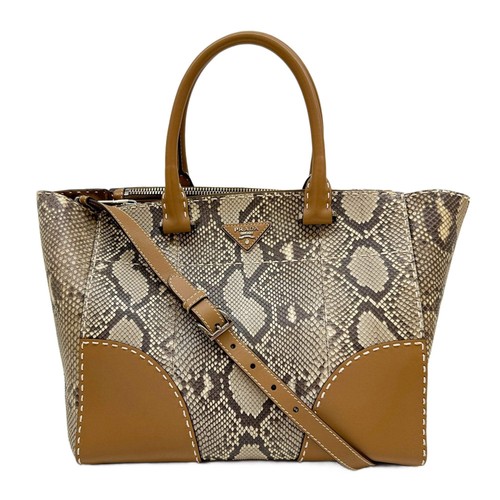 PRADA Beige Python Embossed Leather Tote Two Way Bag