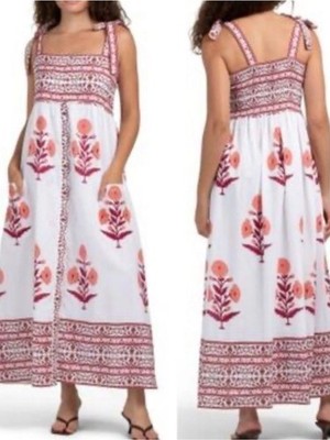 NEW Bindu Dorothea Cotton Block Print Maxi Dress Size XL Floral Boho Tie Straps