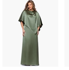 Xscape Olive Green Satin Cape Maxi Gown Formal Evening Dress SZ 12 NWT GALA MOB