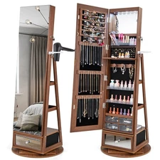 360° Swivel Jewelry Cabinet Full Length Mirror Storage Shelves w/Built-in Lights