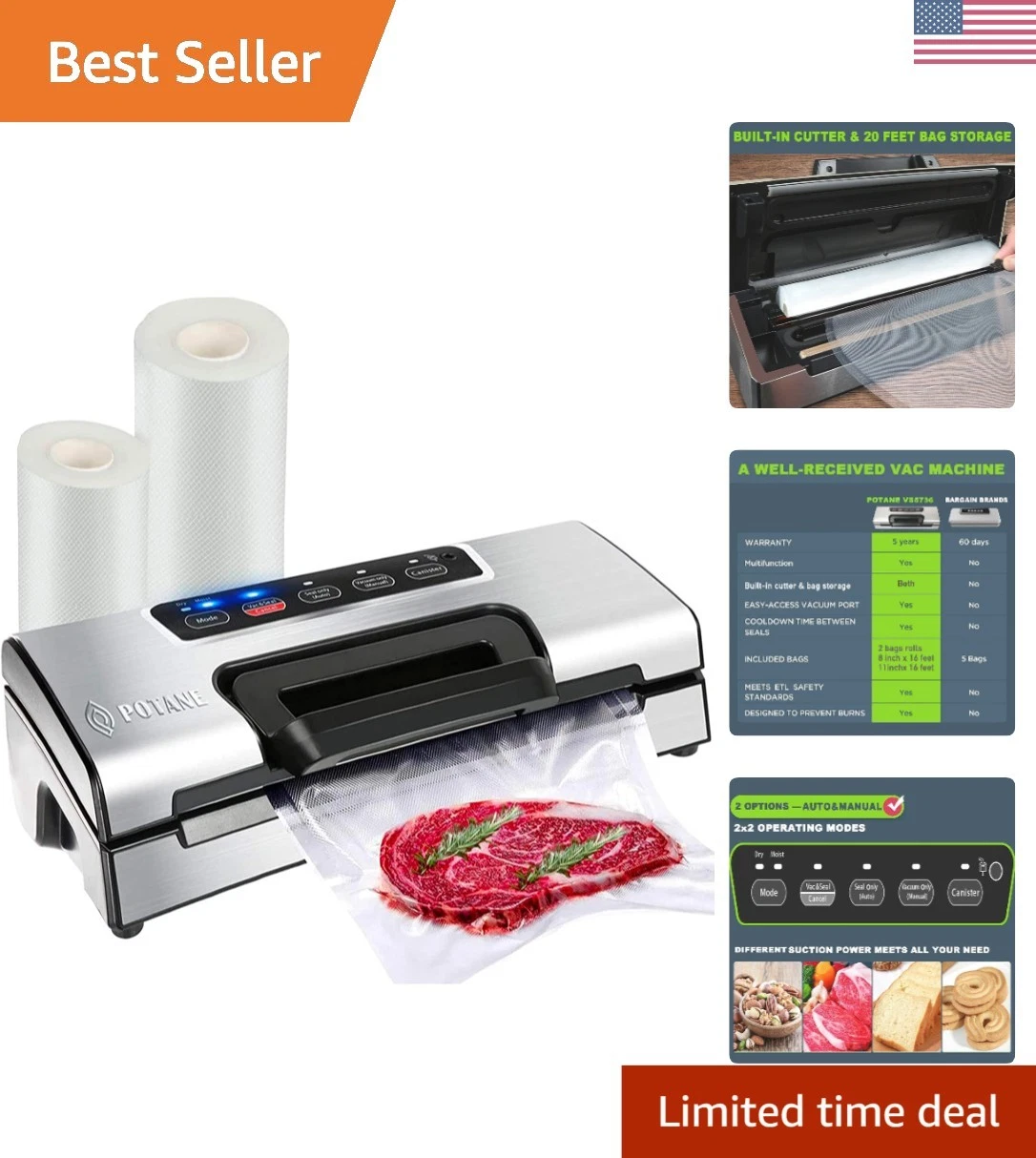 Compact Precision Vacuum Sealer with Bag Storage & Cutter - Perfect for Food