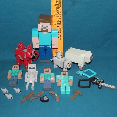 Minecraft Figure Lot - Steve Skeleton Sheep Keychains Silverfish Wolf Pickaxe
