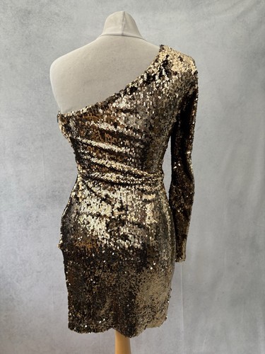 Top Shop Gold Sequin Dress Size 8 Off The Shoulder Short Polyester Women’s - Picture 6 of 12