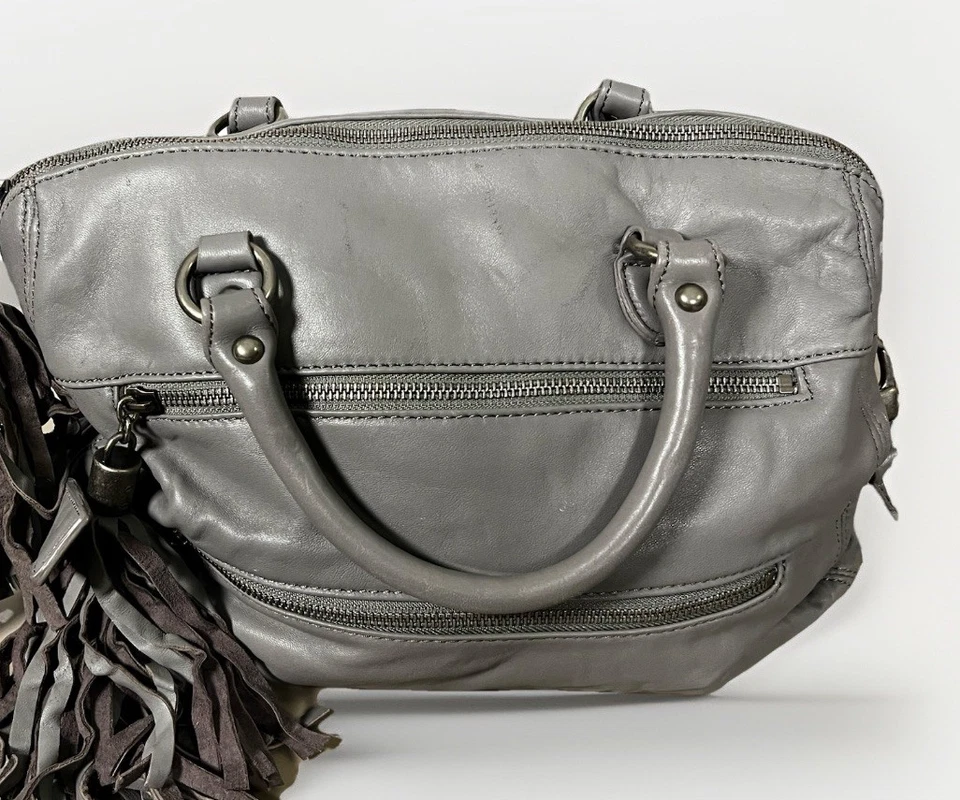 Bolso de hombro grande con cremallera RACHEL ZOE en borlas de cuero genuino gris Foto 2 de 4