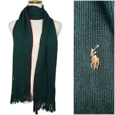 Polo Ralph Lauren Scarf Unisex Green Ribbed Knit Burgundy Trim Pony Logo