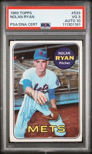 1969 Topps Baseball NOLAN RYAN On Card PSA/DNA Auto 10 Mets PSA 3