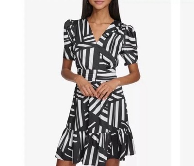 Karl Lagerfeld Short Sleeve Surplice Mini Dress Size 10 White Black $158 MSRP