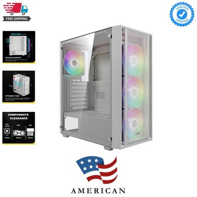 White ATX Mid Tower Gaming Computer PC Case with Side Tempered Glass, Preinst...