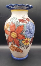 Vintage Italian Hand Painted Floral Majolica Vase with Sgraffito Detailing