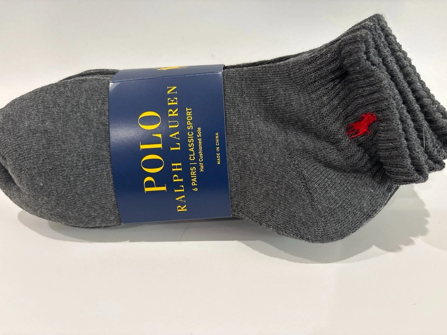 Polo Ralph Lauren Men’s Ankle Socks 6 Pair Gray Red Pony Sport Cushioned 10-13