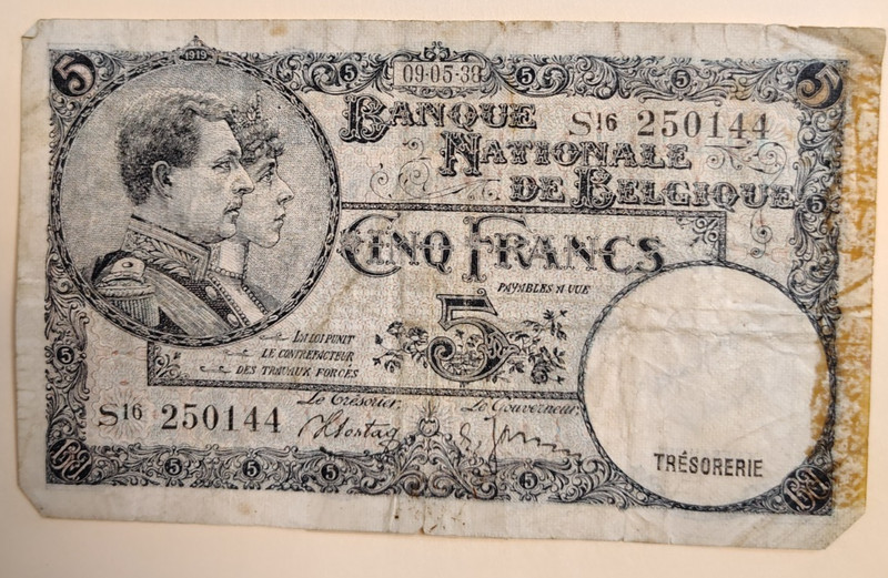 1938 Belgium 5 Francs note – Dated 09.05.38 - Circulated - Free Shipping