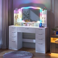 Gurexl Makeup Vanity Desk with Mirror and Lights- Glass-Top Vanity with 9 Drawer