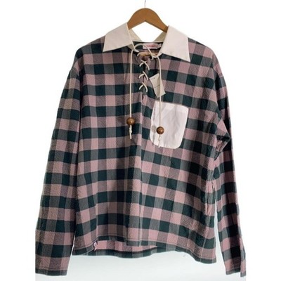 CHARLES JEFFREY LOVERBOY Long-Sleeve Shirt L Cotton GRN Check Rugby Shirt Seersu