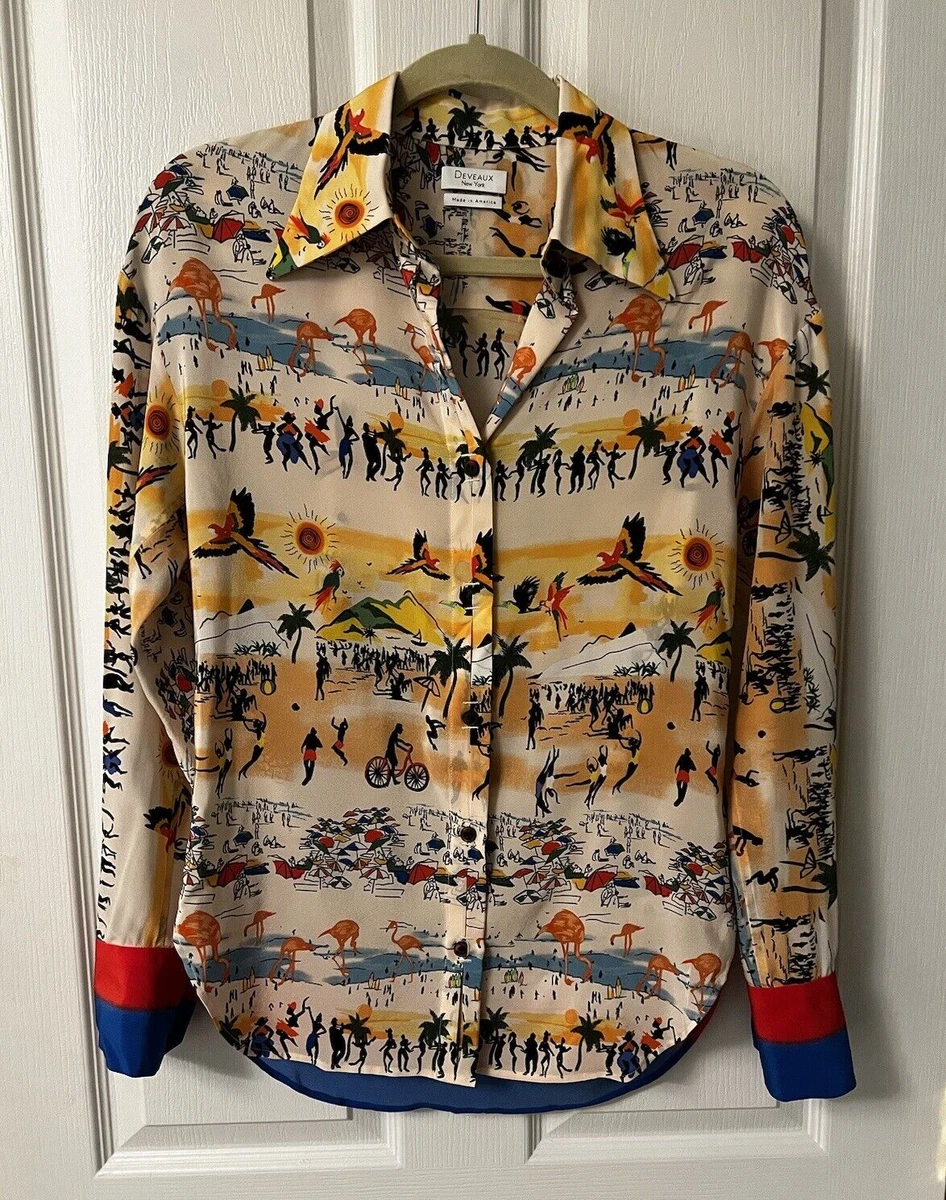 Deveaux 100% Silk Colorful Printed Resort Theme Beach Button Up Blouse Sz S- 0