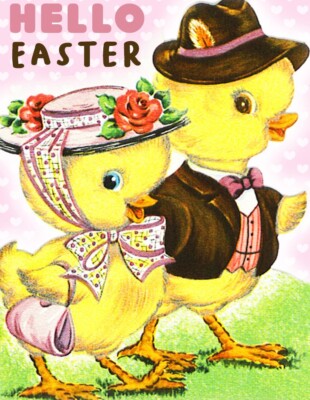 Set of FOUR 3.5x5 Vintage Retro HELLO EASTER Sunday Chicks Cotton Fabric Blocks