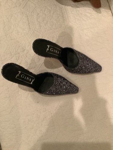 Gina Sparkle Glitter Silver Black Slippers Shoes Size 6 Mule Kitten Heels - Picture 2 of 8