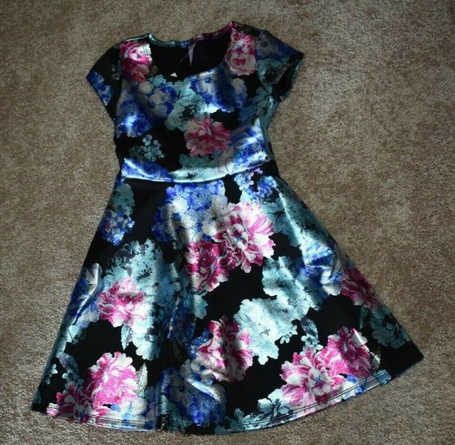 Justice Girl's Black Metallic Foil Floral Scuba Fit & Flare Dress Size 7 NWT - 第 3/4 張圖片
