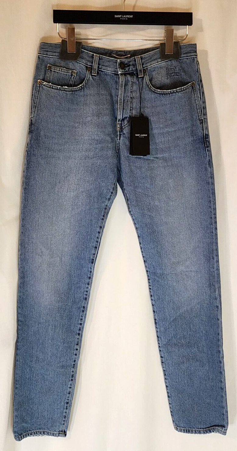 Jeans denim blu Saint Laurent da uomo effetto invecchiato D14 vita bassa slim taglia 32