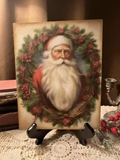 Vintage Santa Claus, Wreath, Christmas, Handcrafted Plaque / Sign