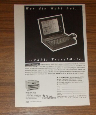 Seltene Werbung TEXAS INSTRUMENTS TRAVELMATE 4000 WinDX 25 Notebook 1992