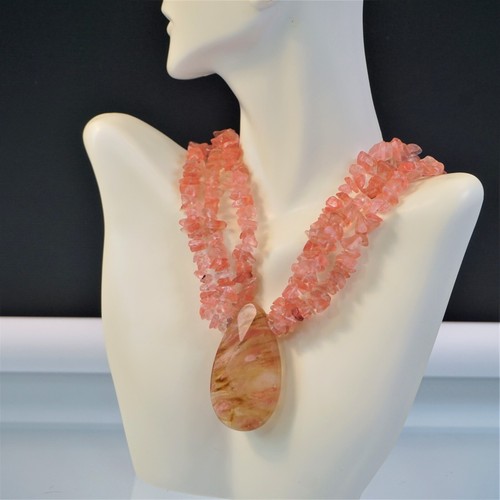 Pink And Gold Agate Pendant 3 Strands Rose Quartz Necklace Natural Stones