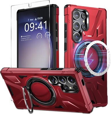 Red Shockproof Magnetic Ring Case for Galaxy S24 Ultra W/ Glass Screen Protector