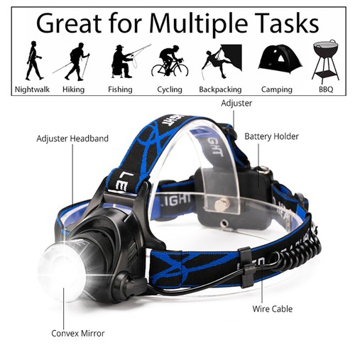 Bright 350000LM LED Headlamp Headlight Head Zoom Torch Rechargeable Camping - Picture 3 of 18