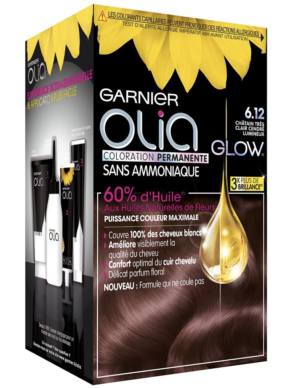 Coloration permanente Garnier Olia 6.12 crème de soin capillaire châtain cendré