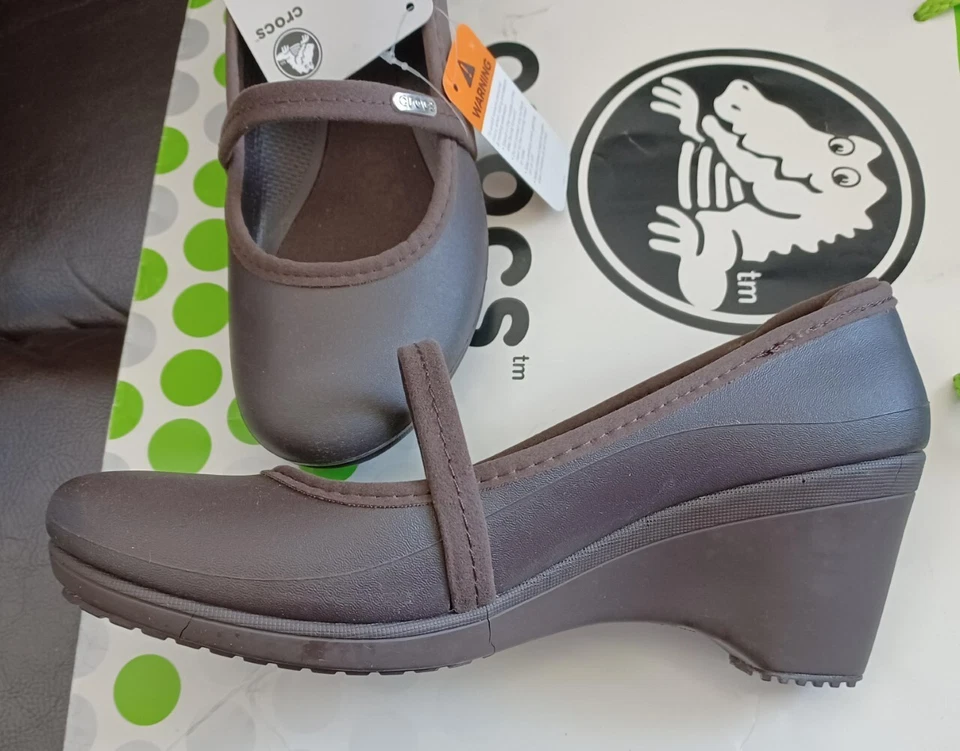 CROCS CASEY GINGER LEATHER WEDGE MARY JANE non-slip WORK SHOE~Brown~Women 10~NEW - Image 2 of 4