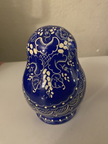 Matrioschka Blue Floral wooden painted Russian nesting dolls set of 7 - Picture 3 of 15