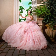 Pink Princess Quinceanera Dresses Ball Gown Lace Applique Beaded Ruffle Sweet 16