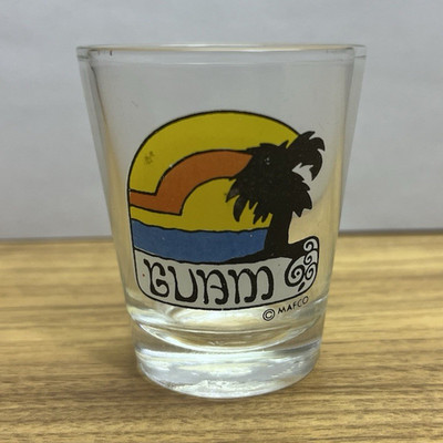 Guam Souvenir Clear Glass Shot Glass Decorated Palm Tree Sunset Design