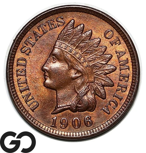 1906 Indian Head Cent Penny, Red Brown, Near Gem BU++ RB