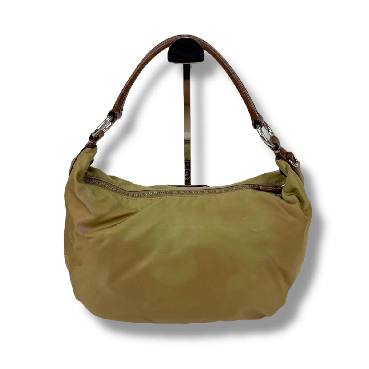 Prada Triangle Logo One Shoulder Bag Khaki Nylon Saffiano Leather