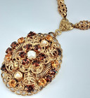 Vintage W. Germany Ornate Filigree Faux Pearl AmberRhinestone Statement Necklace — photo 5
