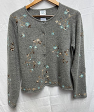 Vintage 90's Laura Ashley M Cottagecore Gray Wool Cardigan Embroidered Sweater