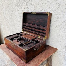 Antique Tabletop Walnut Portable Desk Organizer with Inner Compartments and Keys