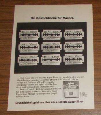 Seltene Werbung GILLETTE SUPER SILVER Rasierklinge Kosmetikserie für Männer 1980