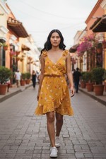 Lauren Conrad Womens L Yellow Floral Ruffle Wrap Dress Cottagecore Fairy Flowy