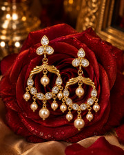 18k Gold Chandelier Earrings with Crystal Pearl Drops, Elegant Statemen